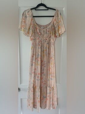 mittoshop Peach Floral Midi Dress with Yellow Accents